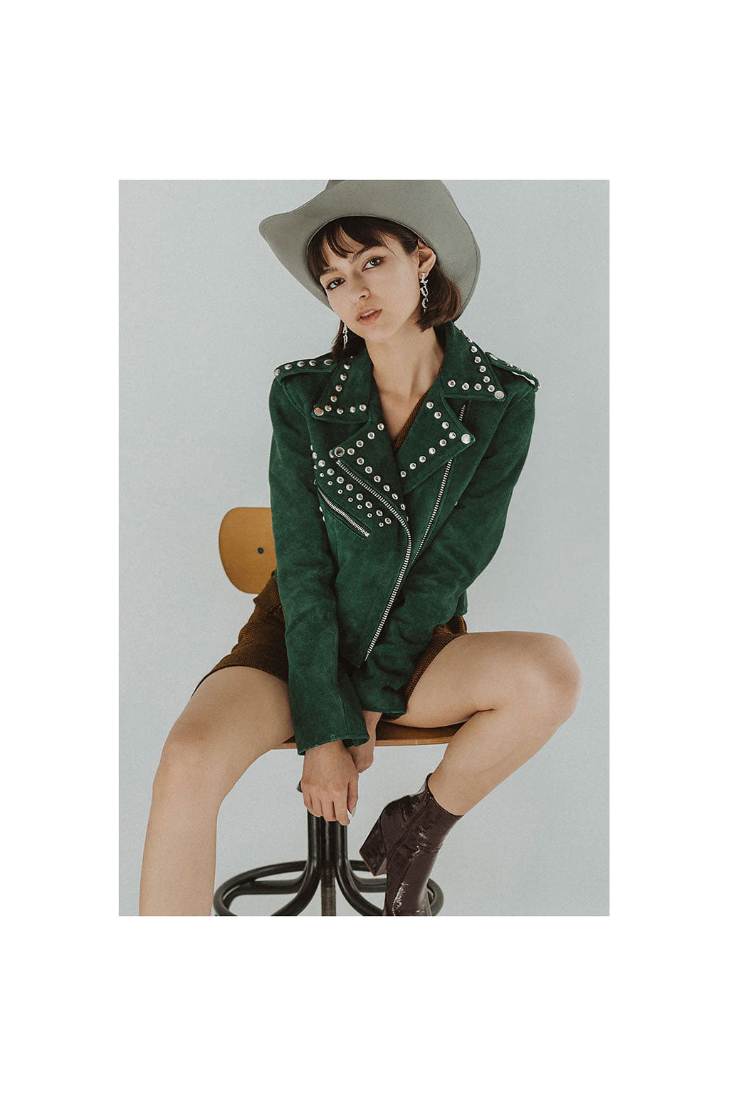 Women’s "Emerald Anarchy" Moto Jacket | Premium Forest Green Lambskin | Hand-Set Silver Spikes & Studs | Full Grain Apparel