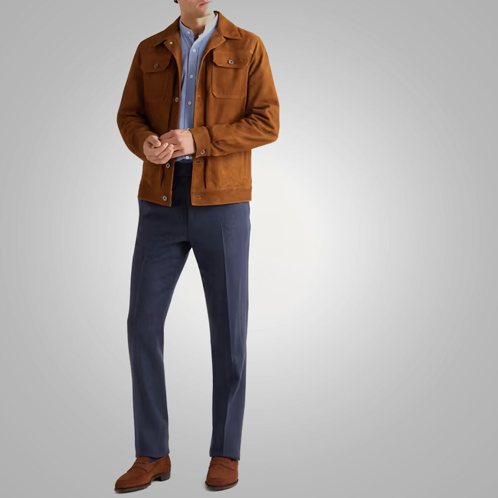 Men’s "Rust-Dust" Suede Trucker | Premium Brown Sheepskin | Genuine Soft Suede Heritage Sport Coat | Full Grain Apparel