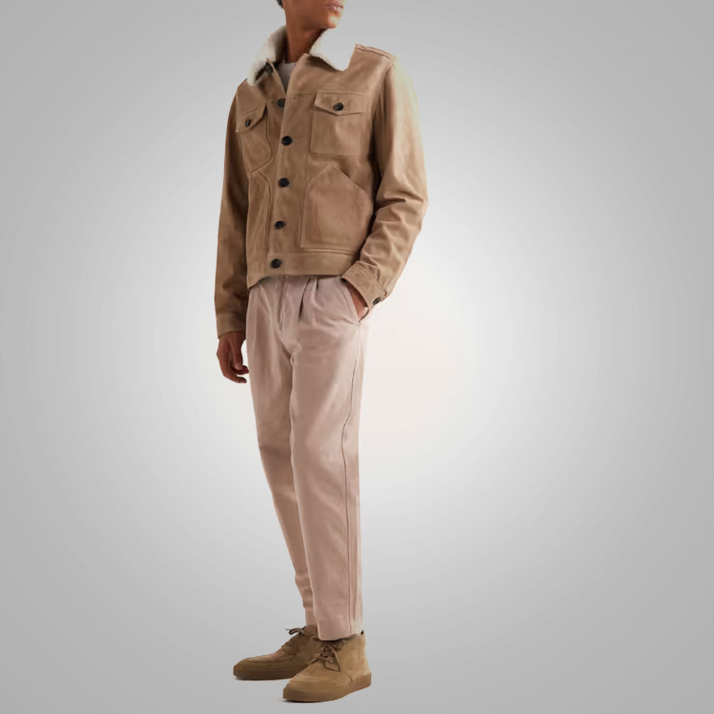 Chaqueta para camionero de borrego sintético "Iron-Range" para hombre | Piel de oveja prémium marrón | Chaqueta de cuero auténtico con forro de borrego sintético | Prenda de cuero de plena flor