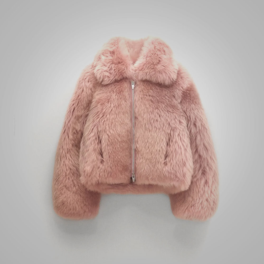 Women’s "Rose Quartz" Luxe Moto | Premium Pink Sheepskin | Genuine Short Leather Jacket with Fox Fur Collar | Full Grain Apparel