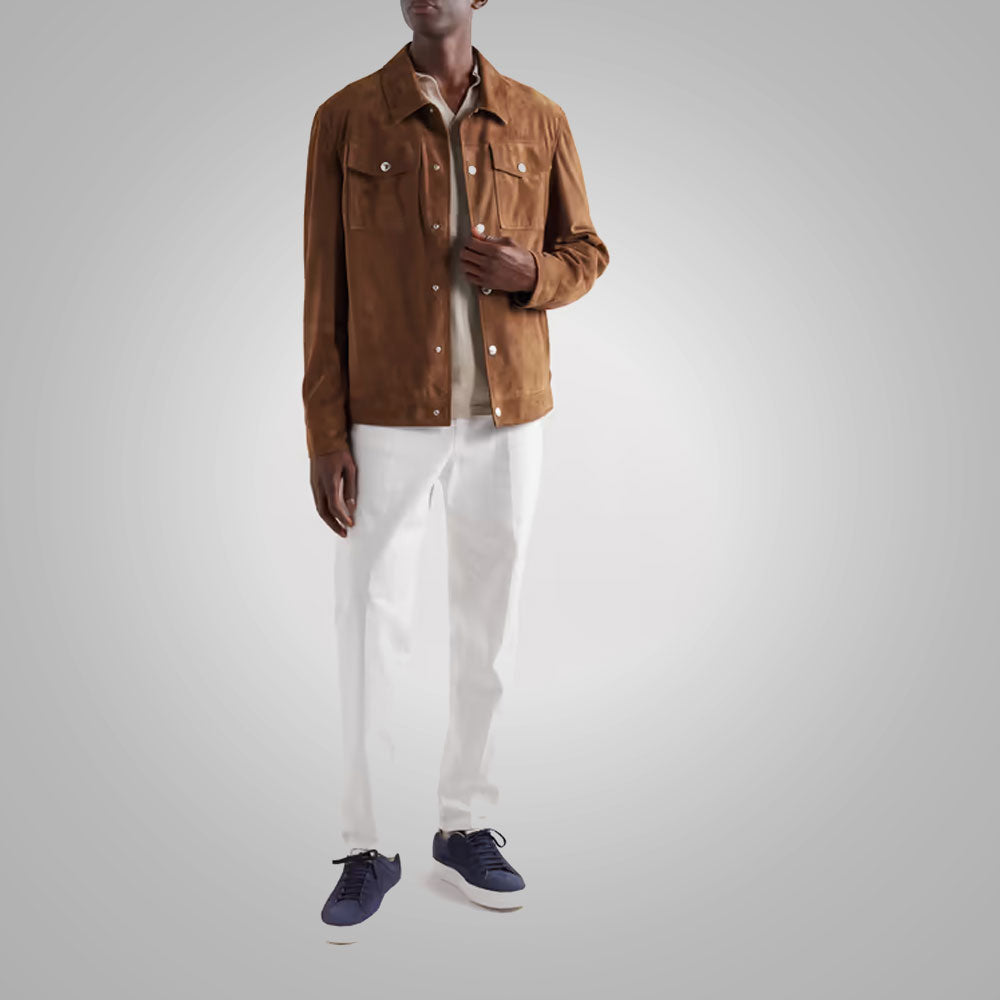 Men’s "Canyon Ridge" Trucker Jacket | Premium Brown Lambskin | Genuine Soft Leather Classic Sport Coat | Full Grain Apparel