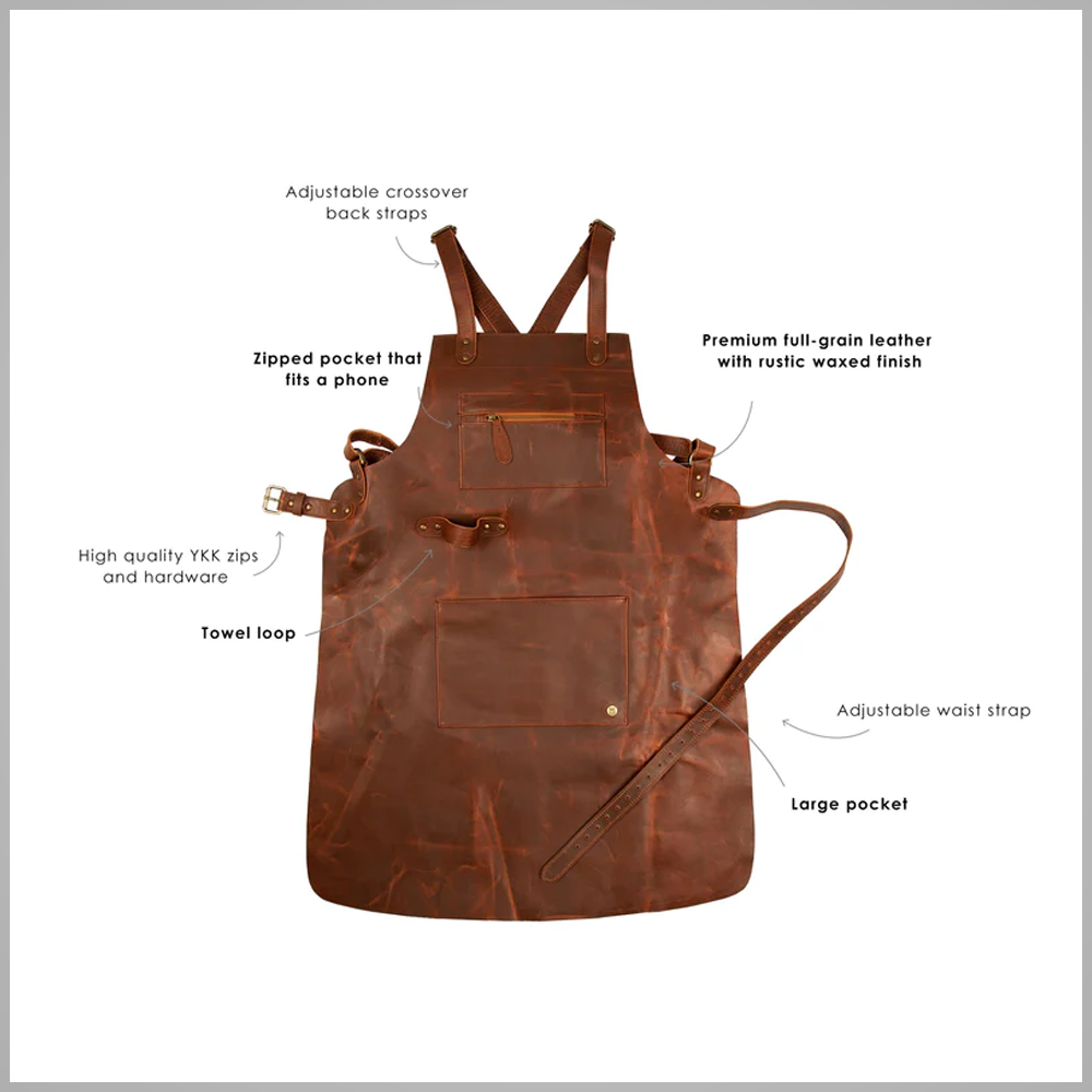 Delantal con tirantes cruzados "Heritage-Lite" para hombre | Piel de cordero premium marrón | Delantal de cuero ergonómico profesional | Prendas de piel plena flor