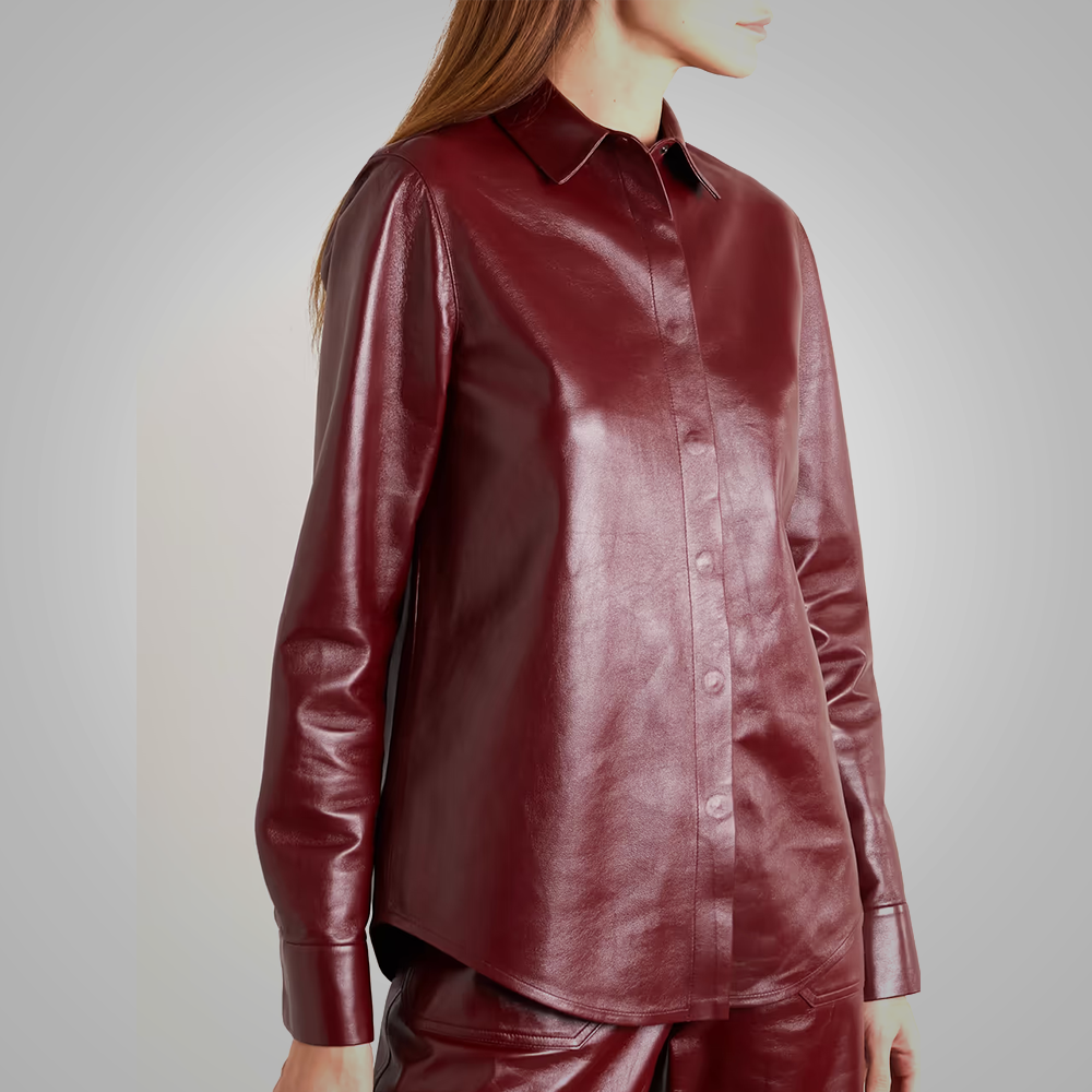 Camisa de cuero "Crimson-Silk" para mujer | Piel de oveja roja ultrasuave de primera calidad | Abotonada, minimalista y hecha a mano | Prenda de grano completo