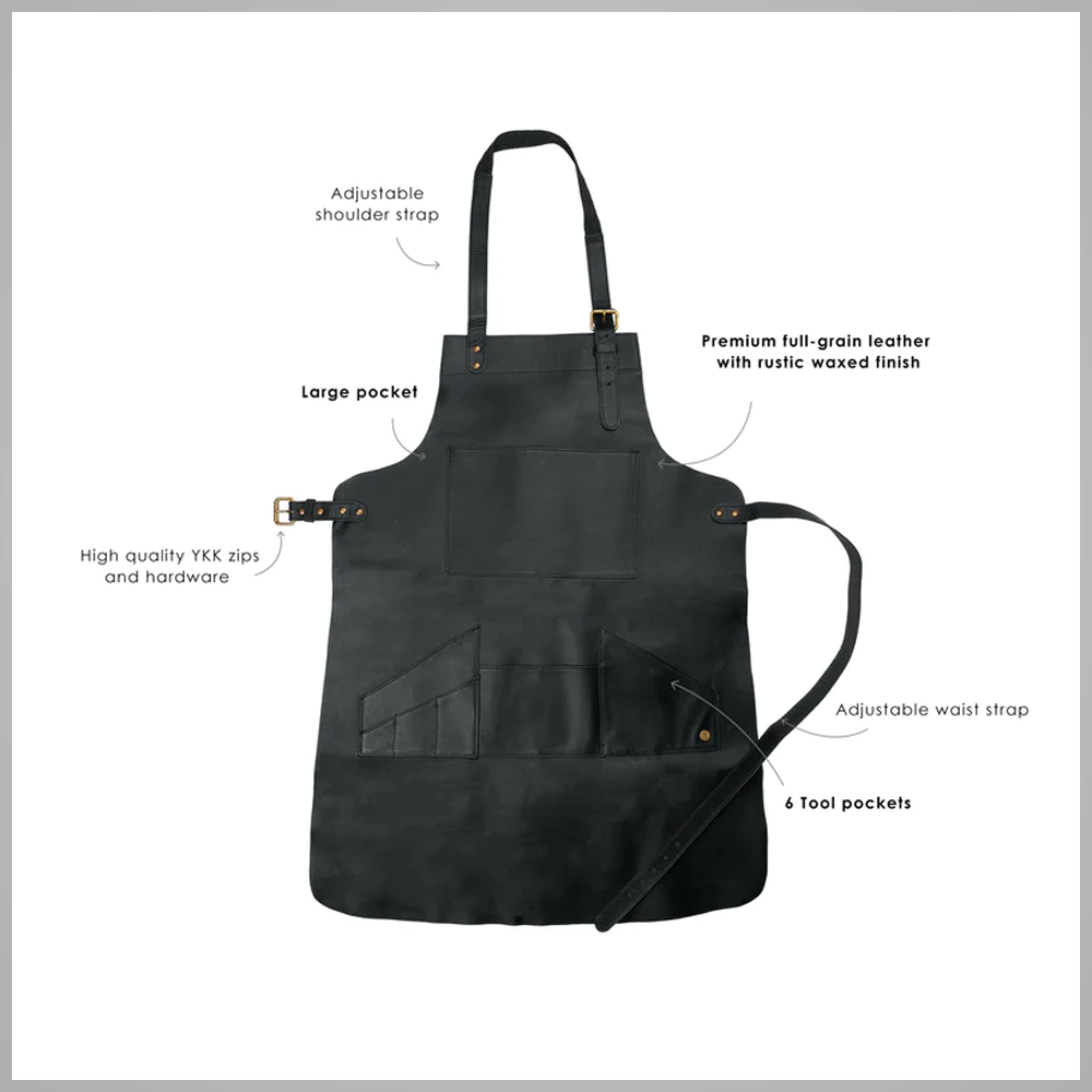 Delantal multi-bolsillos para hombre "Titan-Stealth" | Cuero negro prémium hecho a mano | Delantal de taller utilitario de calidad profesional | Prenda de cuero de plena flor