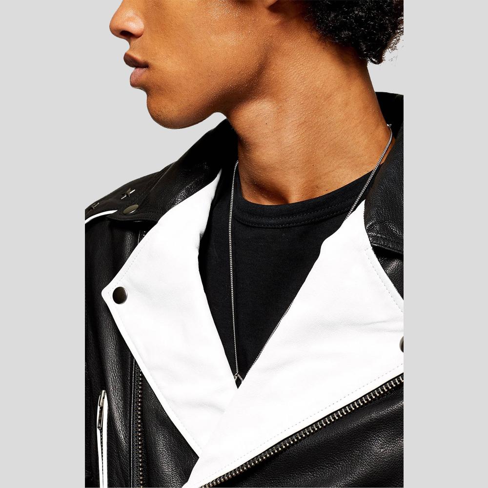 Chaqueta de cuero para motocicleta Colvert en blanco y negro para hombre | Piel de oveja auténtica estilo corredor | Prenda de piel plena flor