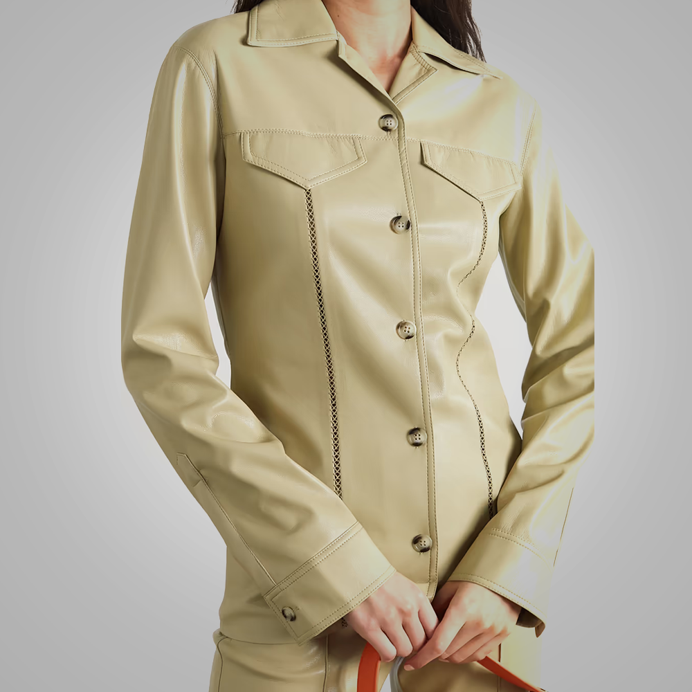 Women’s "Safari Minimalist" Shirt | Premium Khaki Napa Leather | Smooth-Surface Simple Button Closure | Full Grain Apparel