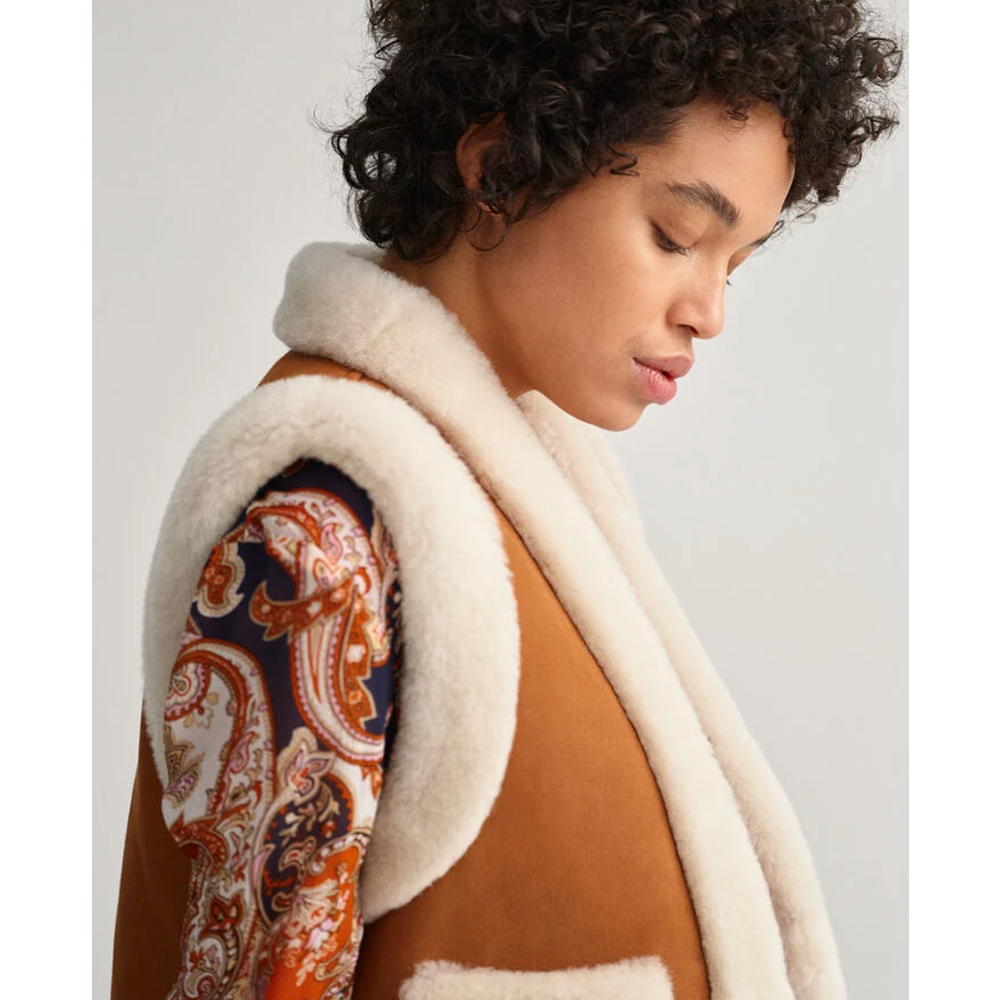 Women’s "Alpine Flight" B3 Vest | Premium Brown Sheepskin | Authentic White Shearling Leather Waistcoat | Full Grain Apparel