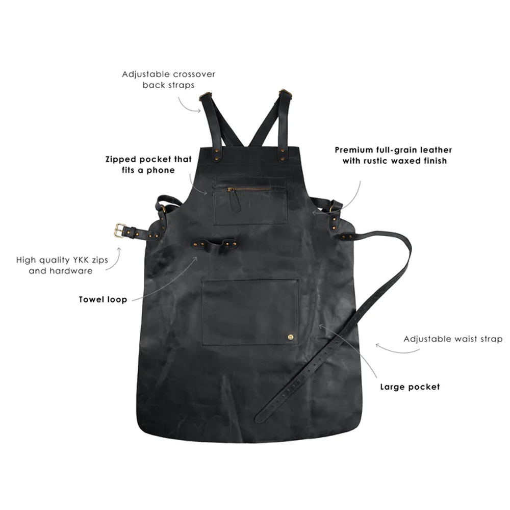 Delantal de espalda cruzada "Onyx-Lite" para hombre | Piel de oveja negra hecha a mano | Delantal de cuero ergonómico de primera calidad | Ropa de grano completo