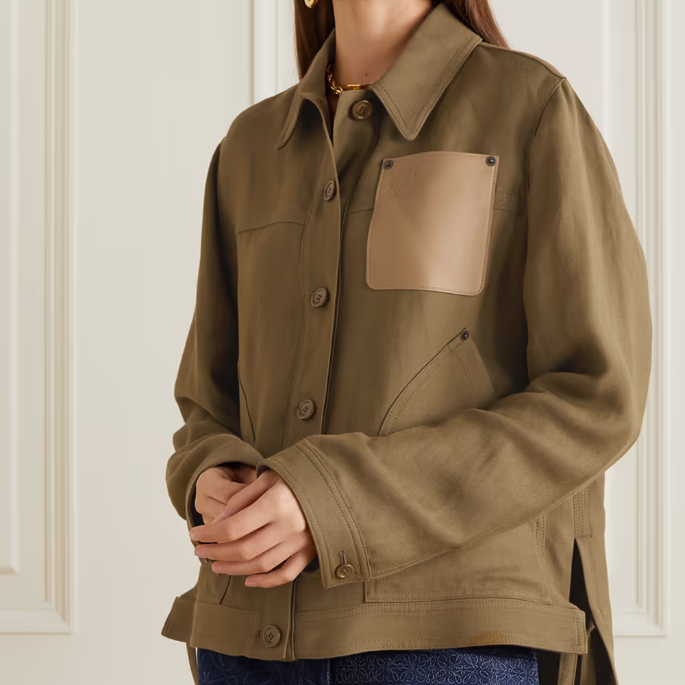 Women’s "Tactical-Luxe" Hybrid Shirt | New Army Green Solid Cloth & Leather | Premium Button-Down Utility Top | Full Grain Apparel