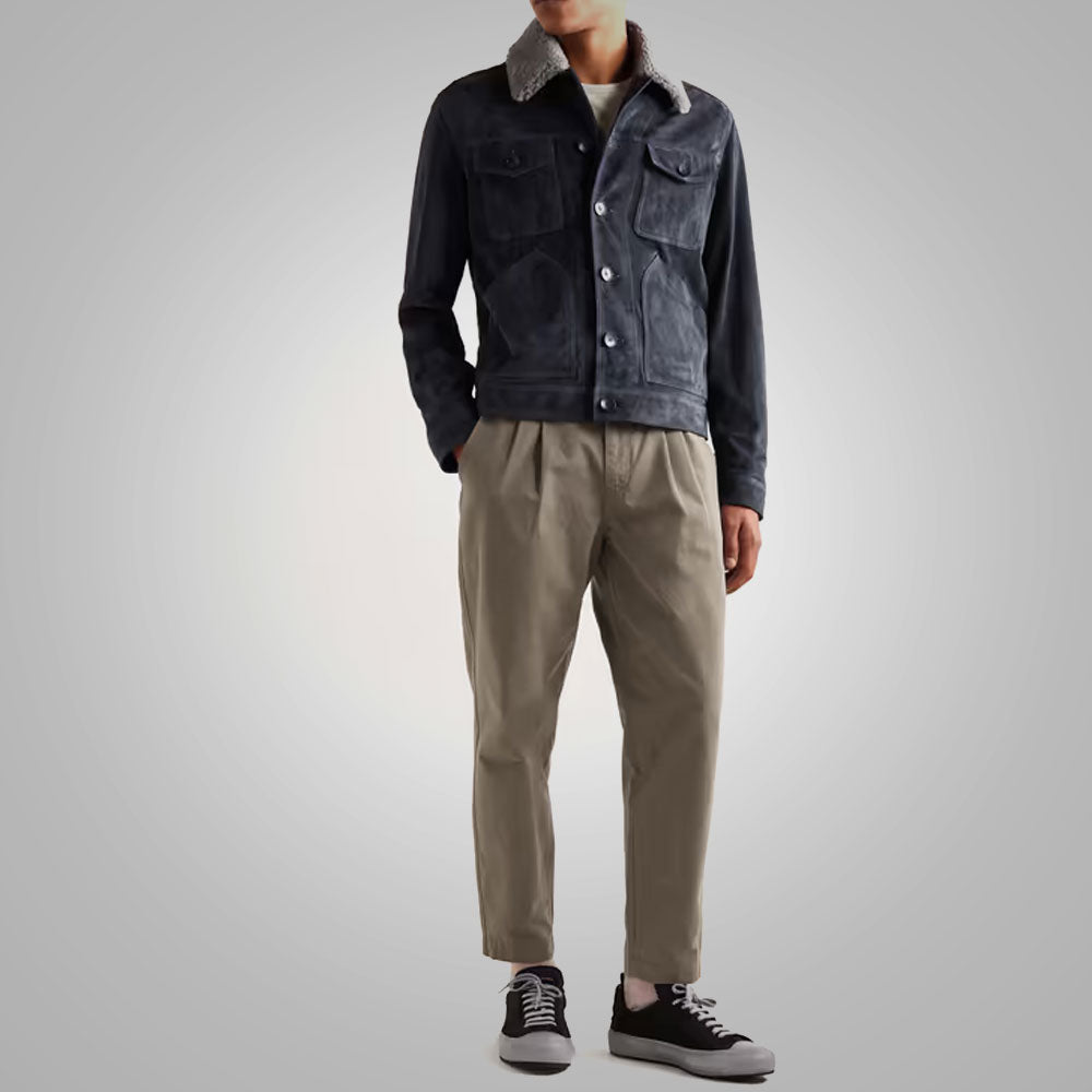Cazadora para hombre "Nordic Navy" de ante | Ante de cabra azul marino de primera calidad | Chaqueta de piel auténtica con cuello de piel extraíble | Prenda de grano completo