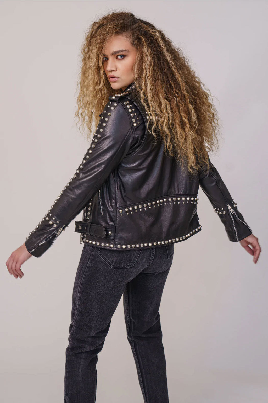 Women’s "Obsidian Blade" Biker Jacket | Premium Black Lambskin | Hand-Set Silver Spikes & Pyramid Studs | Full Grain Apparel