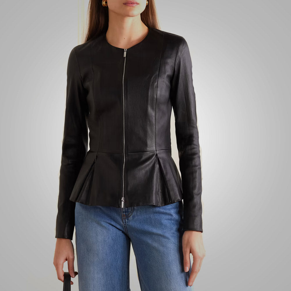 Camisa híbrida "Aero-Sculpt" para mujer | Piel Napa Negra y Algodón Elástico | Top de Cuero Técnico con Cremallera Oculta | Prendas de Piel de Grano Completo