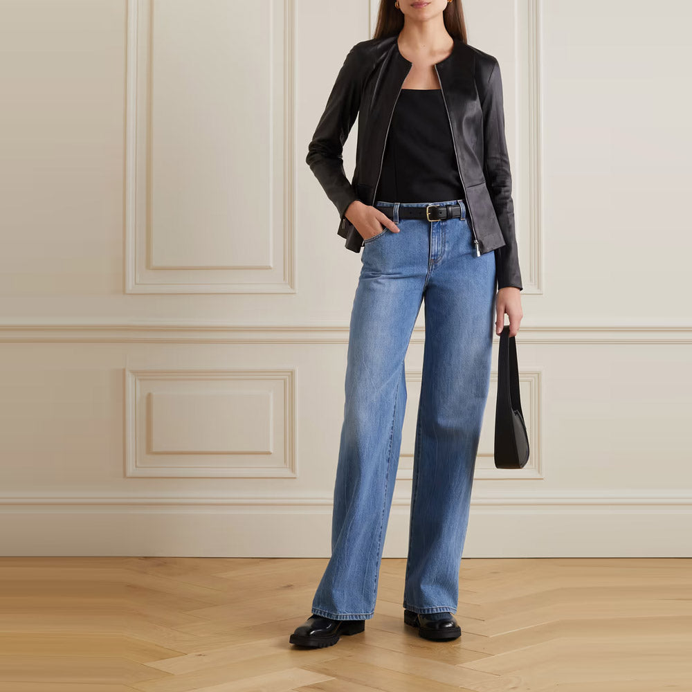 Women’s "Aero-Sculpt" Hybrid Shirt | Black Napa Leather & Stretch Cotton | Concealed Zip Technical Leather Top | Full Grain Apparel