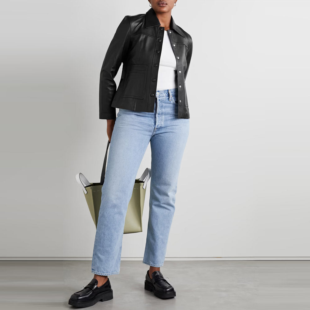 Women’s "Liquid Silk" Leather Shirt | Ultra-Premium Buttery Soft Black Sheepskin | Minimalist Simple Button-Down | Full Grain Apparel