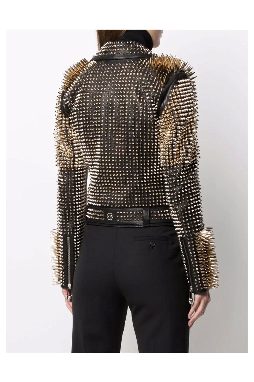 Women’s "Gothic Overlord" Punk Biker | Premium Obsidian Lambskin | Extreme Silver Long-Spikes & Studded Armor | Full Grain Apparel