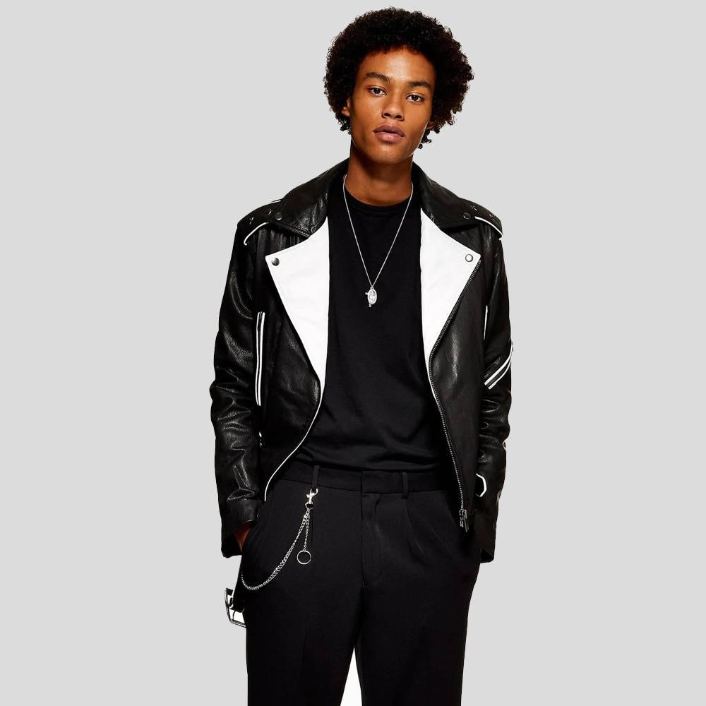 Chaqueta de cuero para motocicleta Colvert en blanco y negro para hombre | Piel de oveja auténtica estilo corredor | Prenda de piel plena flor
