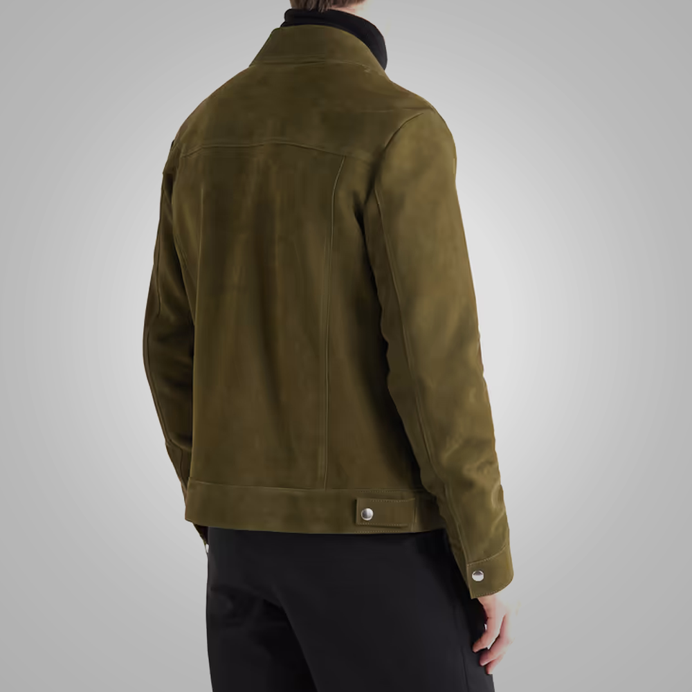 Men’s "Evergreen Heritage" Trucker Jacket | Premium Olive Green Lambskin | Genuine Soft Leather Classic Sport Coat | Full Grain Apparel