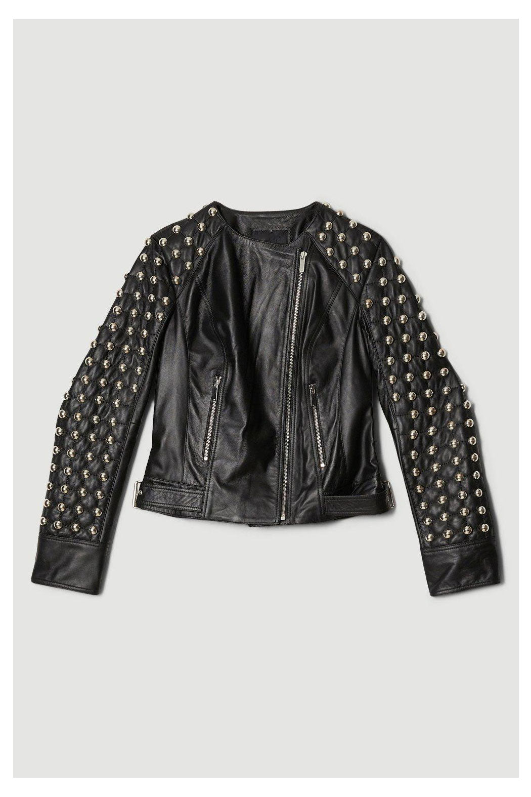 Women’s "Midnight Havoc" Biker | Premium Black Lambskin | Hand-Set Silver Spikes & Industrial Studded Leather | Full Grain Apparel