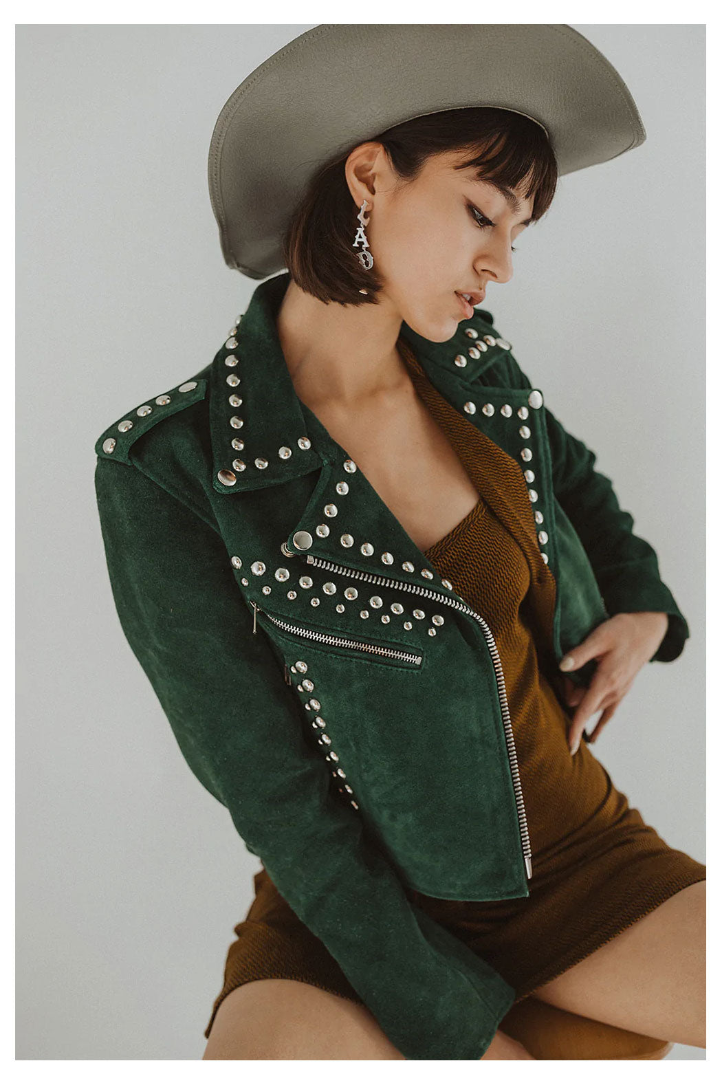 Women’s "Emerald Anarchy" Moto Jacket | Premium Forest Green Lambskin | Hand-Set Silver Spikes & Studs | Full Grain Apparel