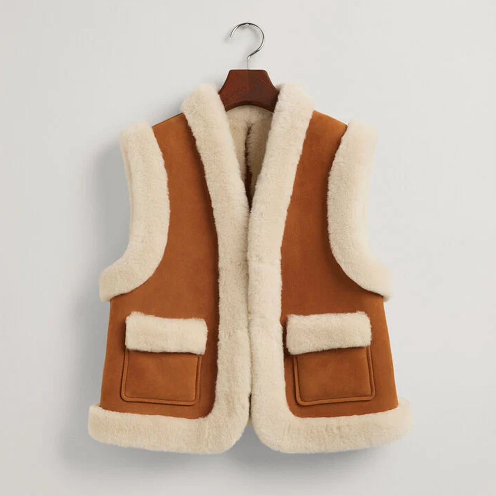 Women’s "Alpine Flight" B3 Vest | Premium Brown Sheepskin | Authentic White Shearling Leather Waistcoat | Full Grain Apparel