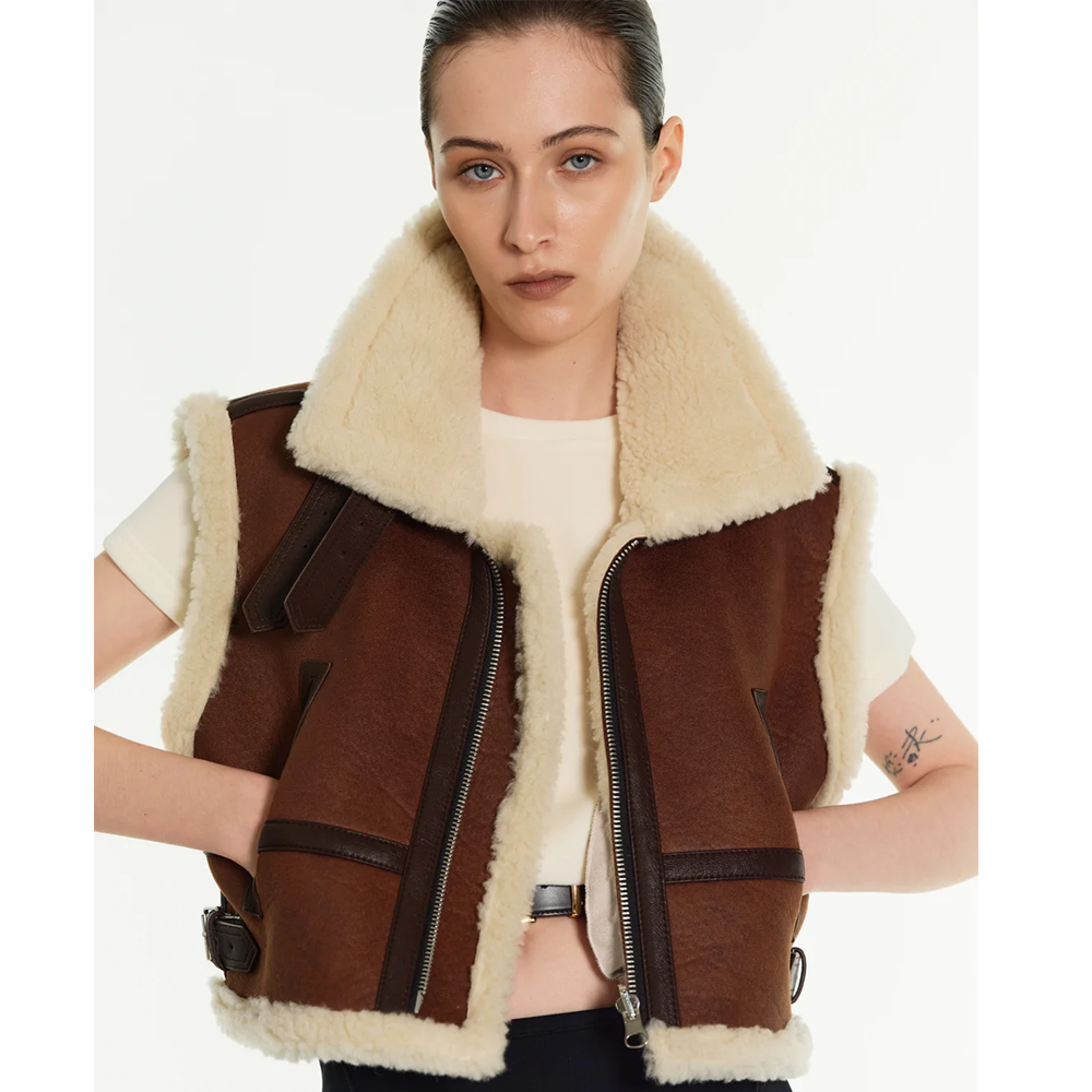 Women’s "Alpine Horizon" B3 Vest | Premium Chestnut Sheepskin | Authentic Shearling Aviator Leather Waistcoat | Full Grain Apparel
