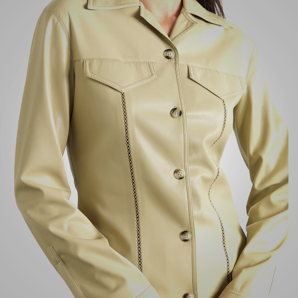 Women’s "Safari Minimalist" Shirt | Premium Khaki Napa Leather | Smooth-Surface Simple Button Closure | Full Grain Apparel