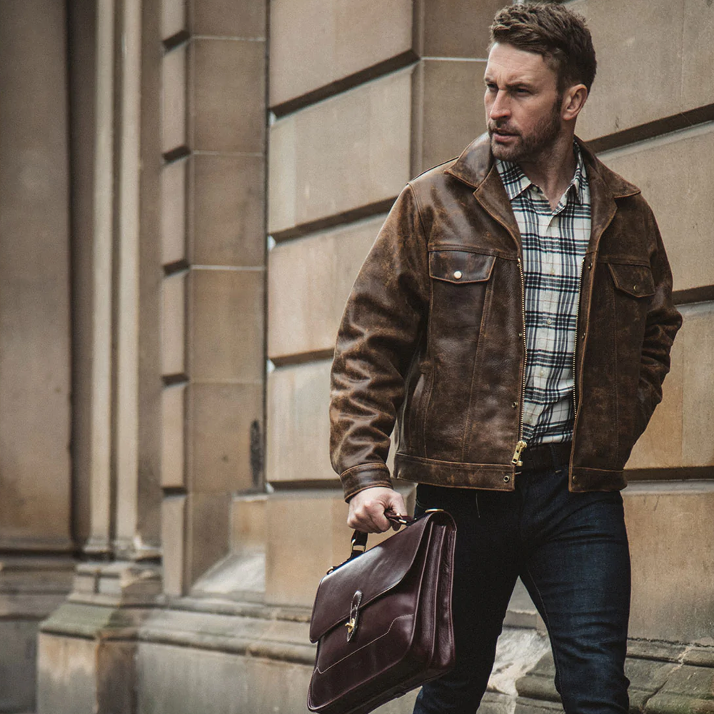 Men’s "Shadow Expedition" Field Jacket | Premium Brown Distressed Leather | Authentic Four-Pocket Military Utility | Full Grain Apparel