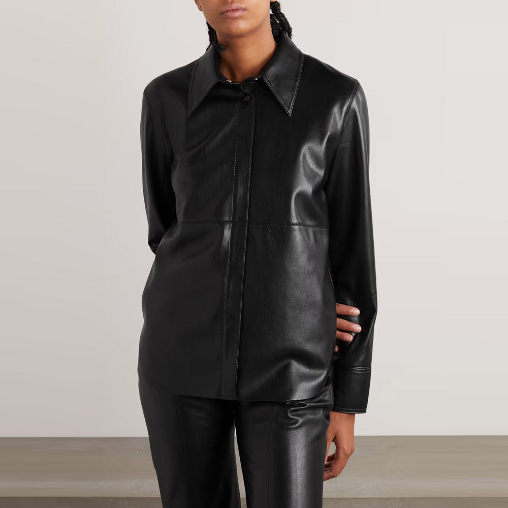 Women’s "Second-Skin" Supple Leather Shirt | Premium Black Napa Sheepskin | Ultra-Soft Slim Fit Button-Down | Full Grain Apparel