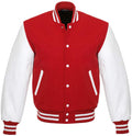 Varsity Letterman Baseball Bomber Retro Vintage Jacket Red Wool White Genuine Leather Sleeves