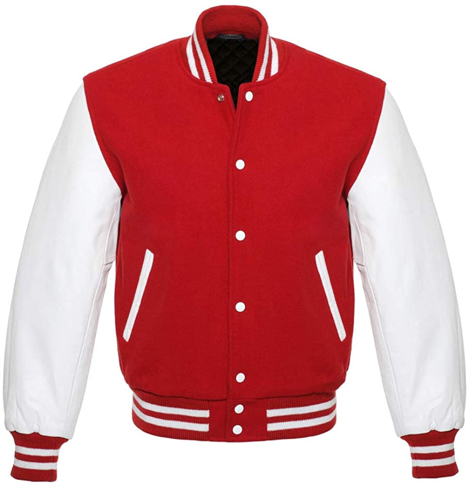 Varsity Letterman Baseball Bomber Retro Vintage Jacket Red Wool White Genuine Leather Sleeves