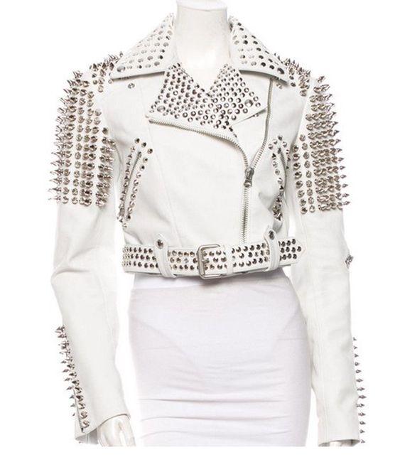 Unisex Silver Studded White Leather Jacket | Rider Punk Style | Full Grain Apparel