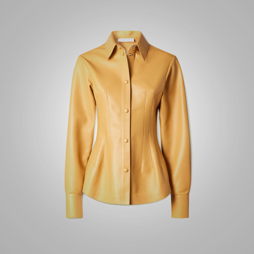 Women’s "Savile Row" Leather Shirt | Premium Cognac Brown Sheepskin | Smart Tailored Collar & Smooth Sleeve Design | Full Grain Apparel