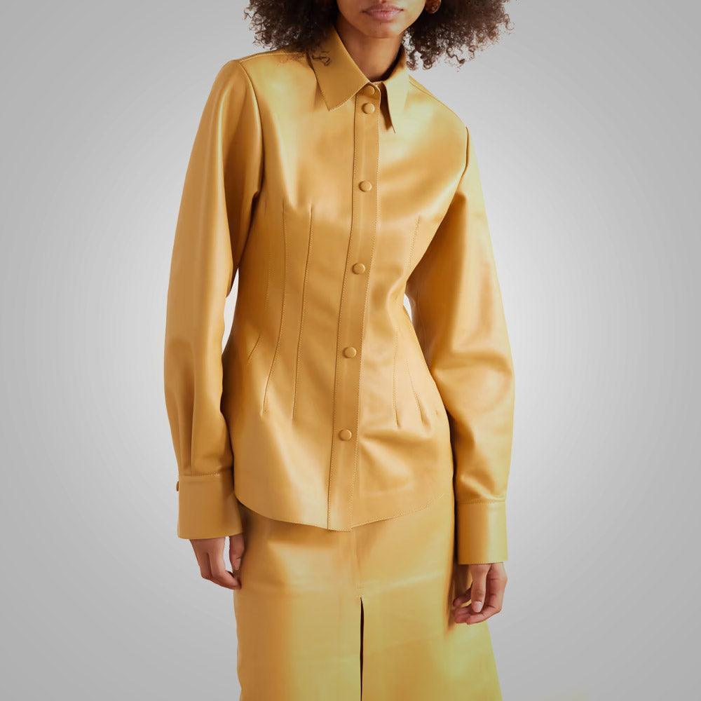 Women’s "Savile Row" Leather Shirt | Premium Cognac Brown Sheepskin | Smart Tailored Collar & Smooth Sleeve Design | Full Grain Apparel