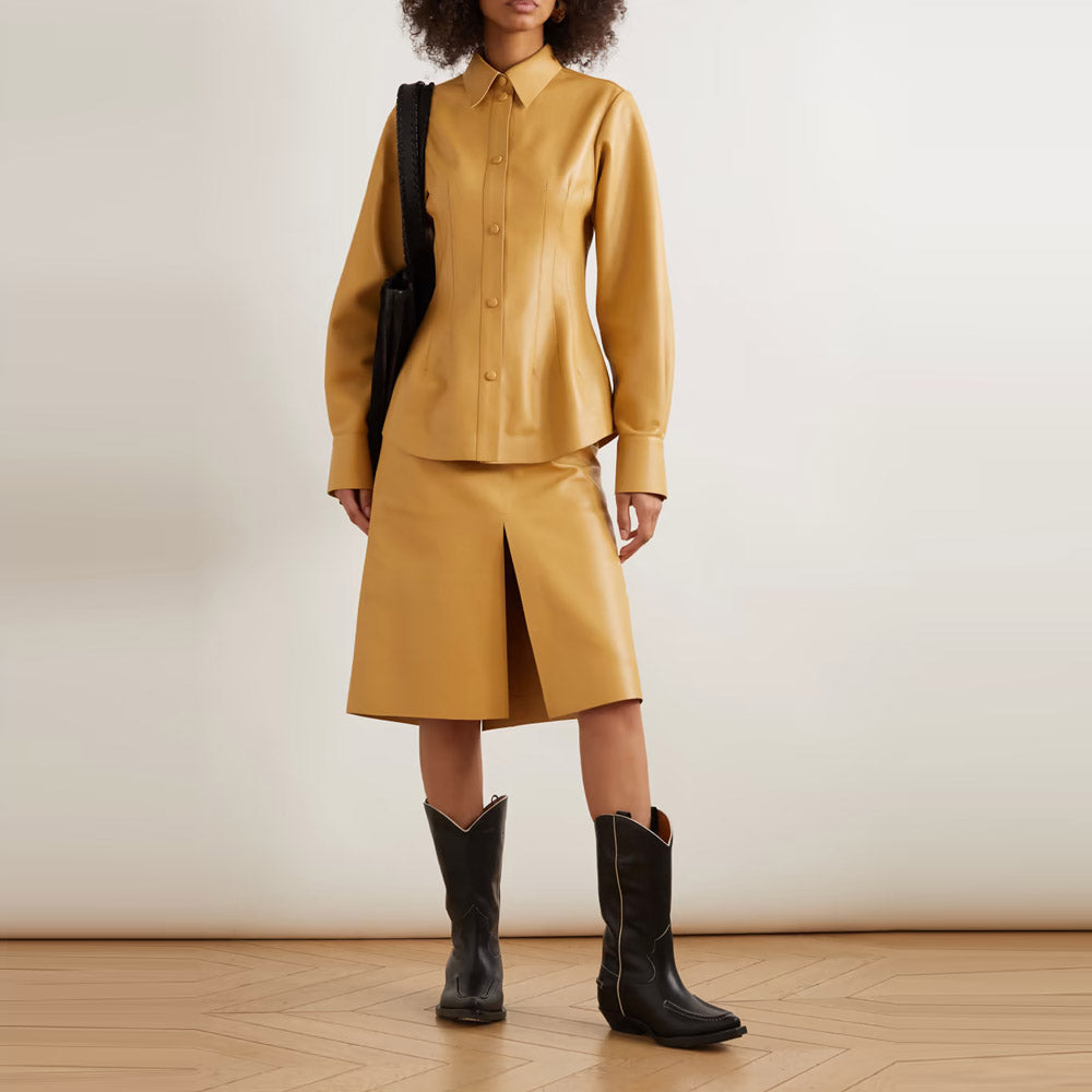 Women’s "Savile Row" Leather Shirt | Premium Cognac Brown Sheepskin | Smart Tailored Collar & Smooth Sleeve Design | Full Grain Apparel
