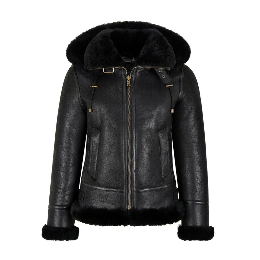 Women’s B3 Bomber Hooded Classic Black Shearling Jacket - Arctic Luxe Edition | Full Grain Apparel