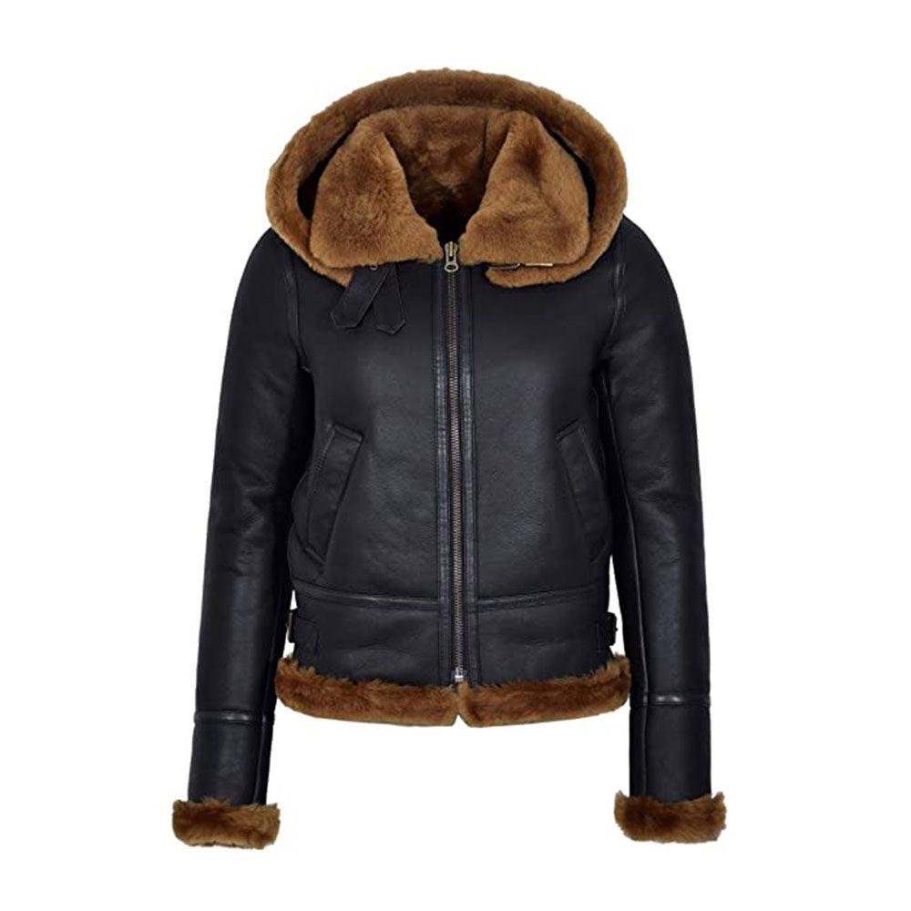 Women’s Black Hooded B3 Flying Shearling Jacket - Stealth Aviator Edition | Full Grain Apparel
