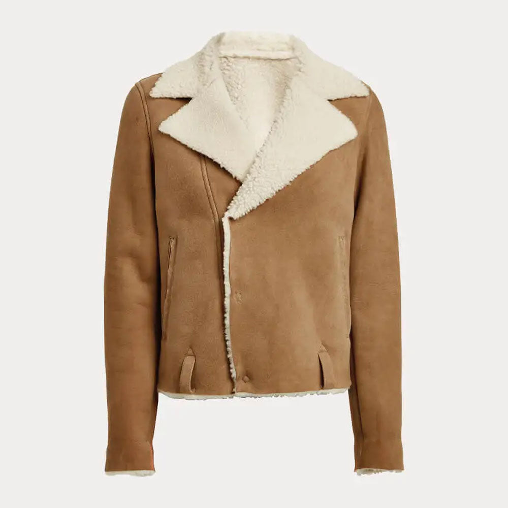 Women’s Beige Cropped Shearling Leather Jacket - Sandy Horizon Edition | Full Grain Apparel