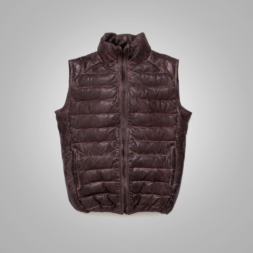 Men’s "Tundra Pebble" Down Vest | Premium Dark Brown Bubble Leather | High-Loft Insulated Winter Bodywarmer | Full Grain Apparel