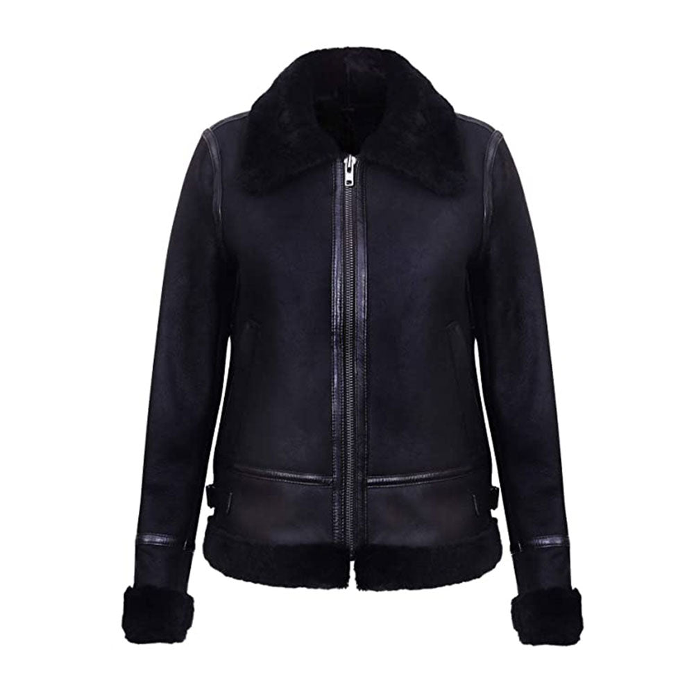 Women’s Black Aviator Biker Genuine Sheepskin Shearling Jacket - Shadow Flight Edition | Full Grain Apparel