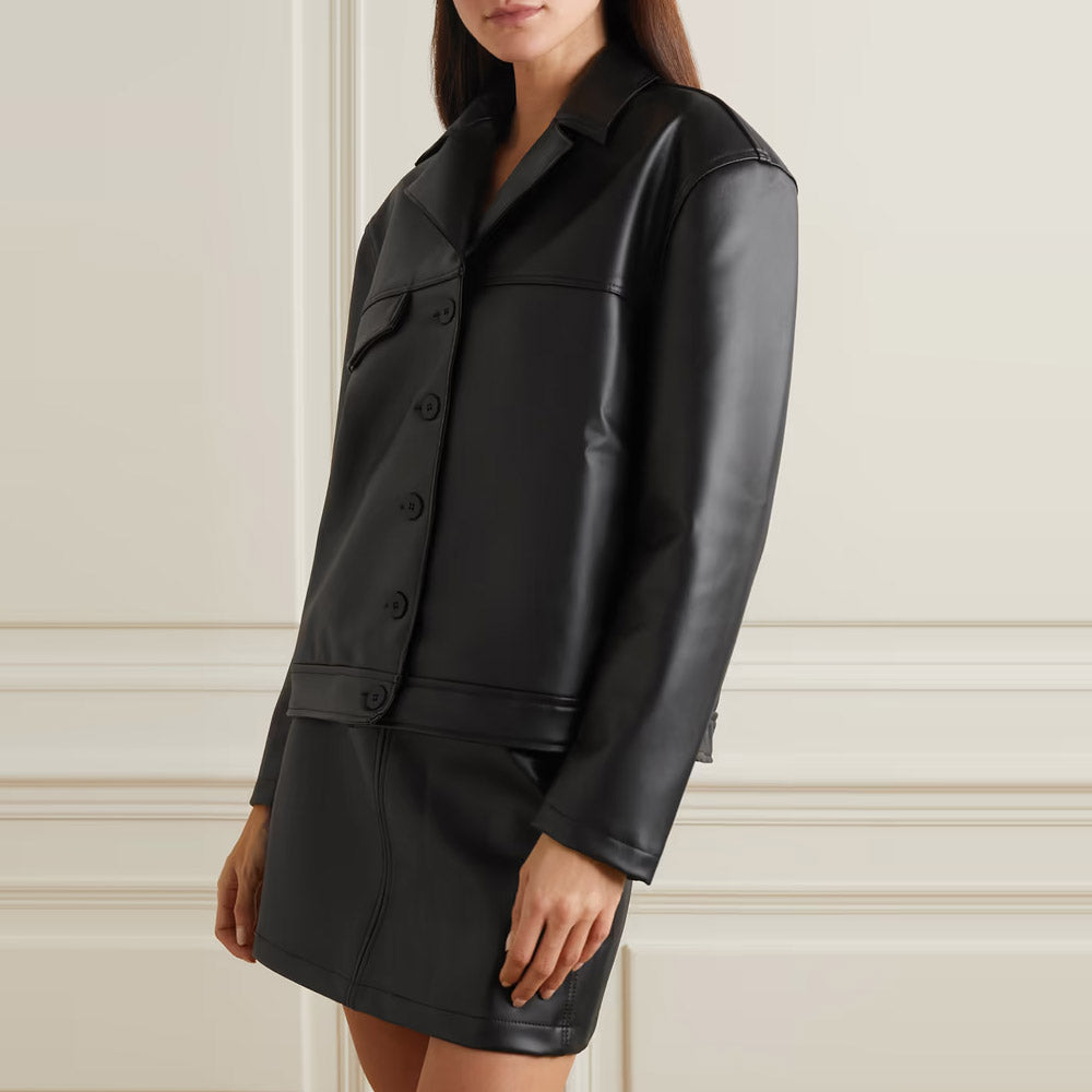 Women’s "Echo-Luxe" Soft-Fit Shirt | Premium Black Smooth Faux Leather | Vegan-Friendly Minimalist Button-Down | Full Grain Apparel