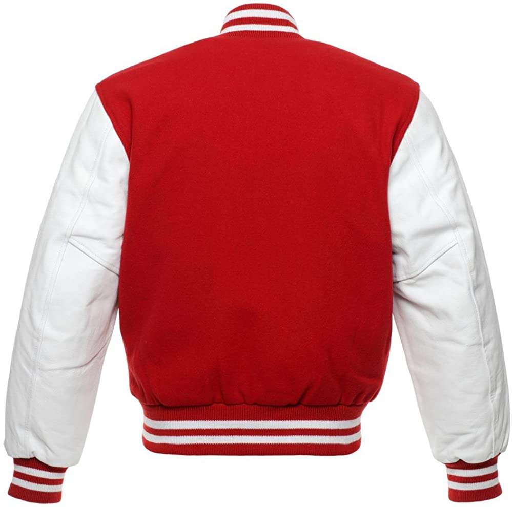 Chaqueta Bómber de Béisbol Varsity Retro Vintage Lana Roja Mangas de Cuero Genuino Blanco