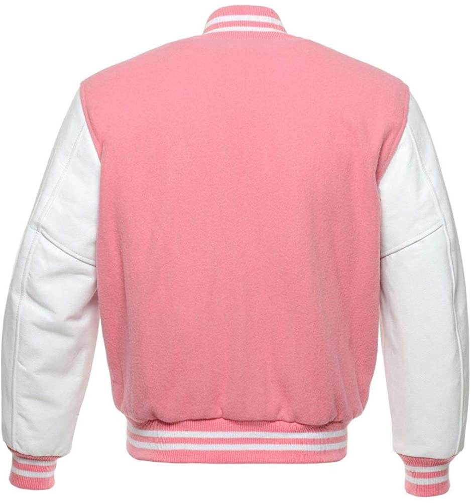 Women’s Pink Varsity Letterman Bomber Jacket | Wool & Leather | Full Grain Apparel