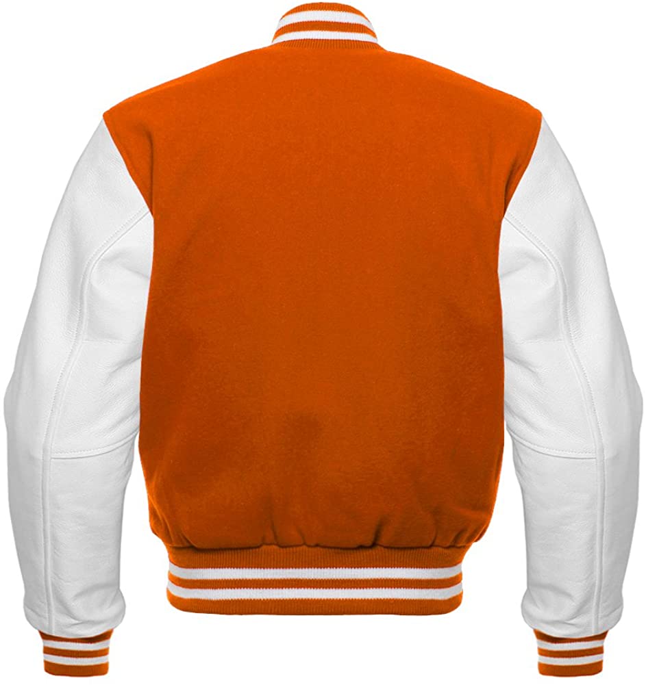 Men’s Orange Varsity Letterman Bomber Jacket | Wool & Leather | Full Grain Apparel