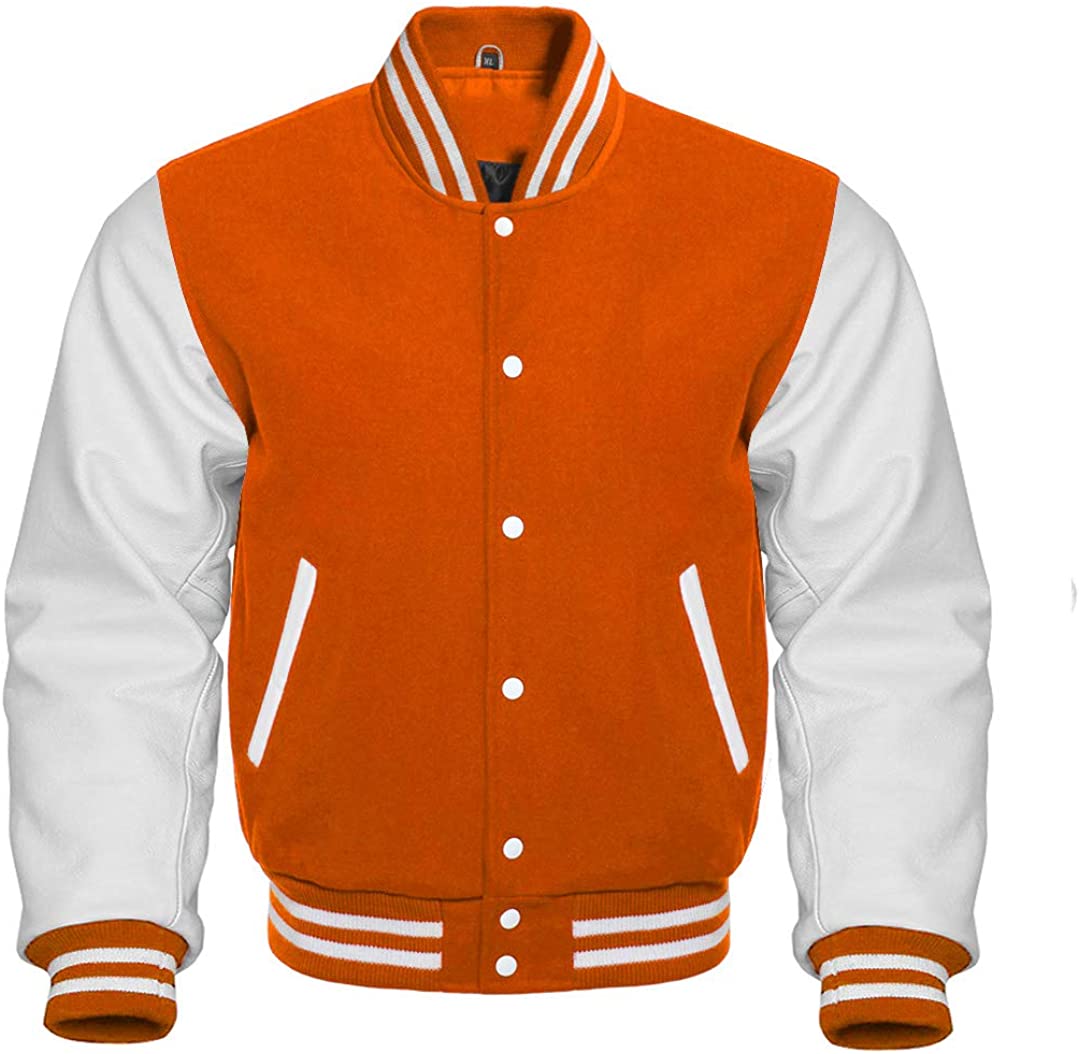 Men’s Orange Varsity Letterman Bomber Jacket | Wool & Leather | Full Grain Apparel