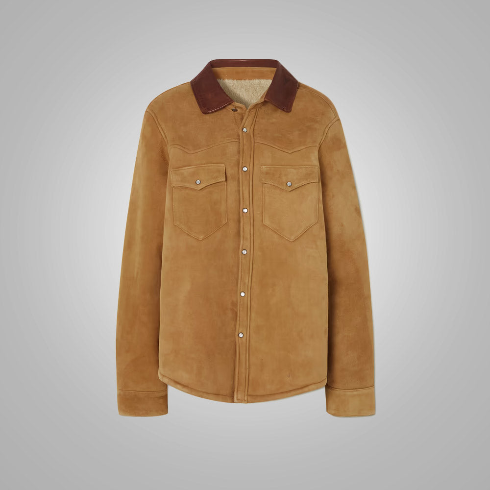Women’s "High-Desert" Shearling Shirt | Premium Camel Suede Leather | Classic Flap Pockets & Genuine Fur Lining | Full Grain Apparel