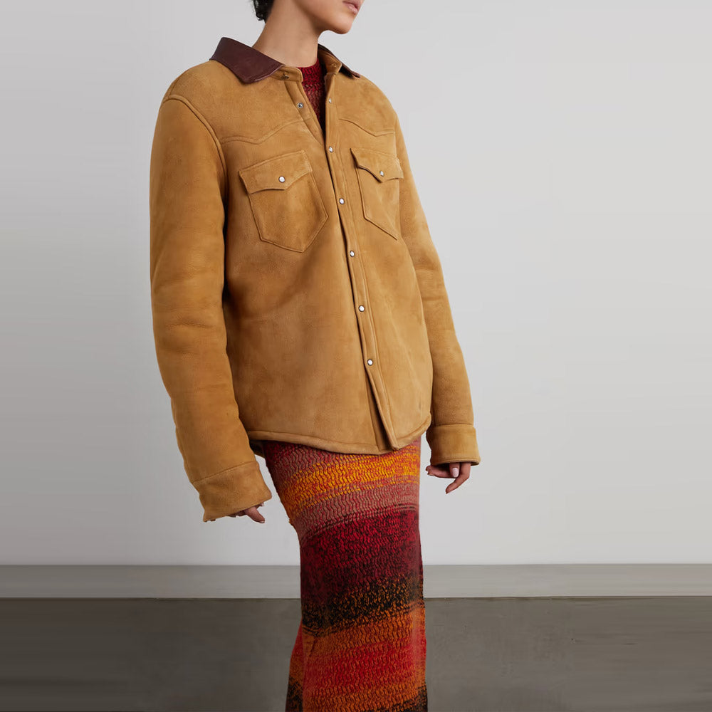 Women’s "High-Desert" Shearling Shirt | Premium Camel Suede Leather | Classic Flap Pockets & Genuine Fur Lining | Full Grain Apparel