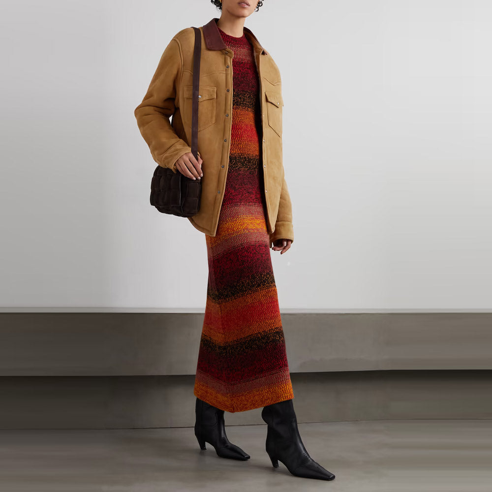 Women’s "High-Desert" Shearling Shirt | Premium Camel Suede Leather | Classic Flap Pockets & Genuine Fur Lining | Full Grain Apparel