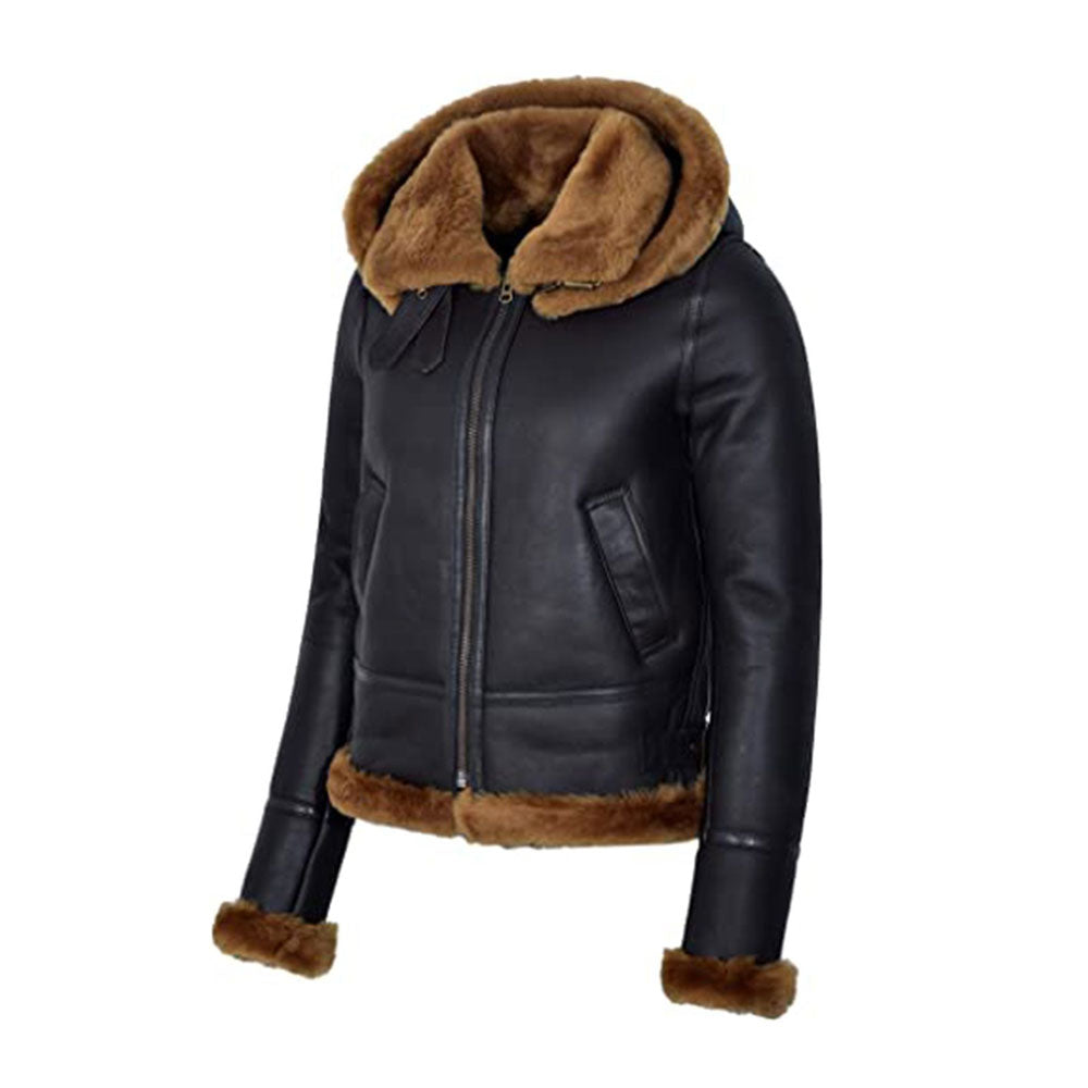 Women’s Black Hooded B3 Flying Shearling Jacket - Stealth Aviator Edition | Full Grain Apparel