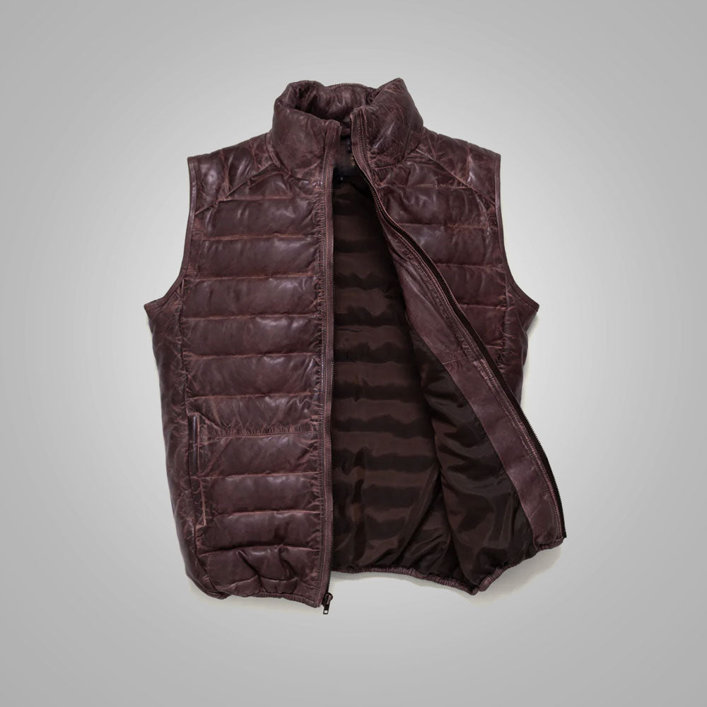 Chaleco de plumas "Tundra Pebble" para hombre | Piel de burbuja marrón oscuro de primera calidad | Chaleco aislante de invierno de gran calidez | Prenda de cuero de plena flor