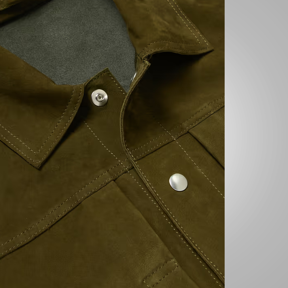 Men’s "Evergreen Heritage" Trucker Jacket | Premium Olive Green Lambskin | Genuine Soft Leather Classic Sport Coat | Full Grain Apparel